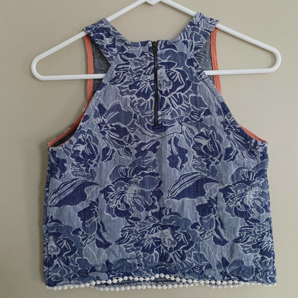 Chambray textured floral print crop top blue sz s - Picture 6 of 6